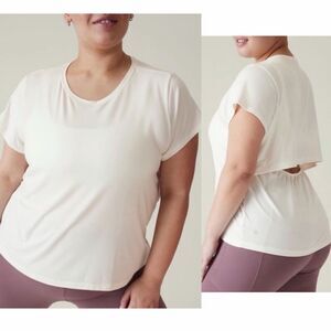 Athleta Air Out Cinch Short Sleeve Tee Size 1X Open Back Cutout Ivory Shirt Yoga